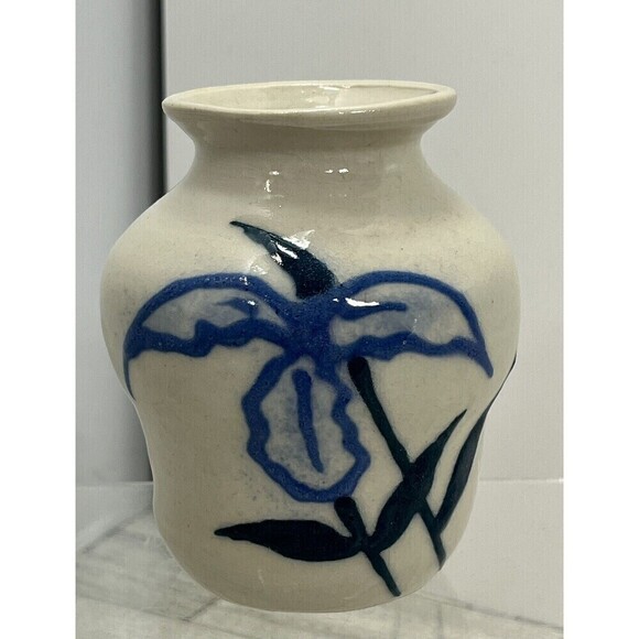 Studio Art Pottery Floral Design Bud Vase Blue Boho 4” Tall Signed JG - Picture 1 of 12